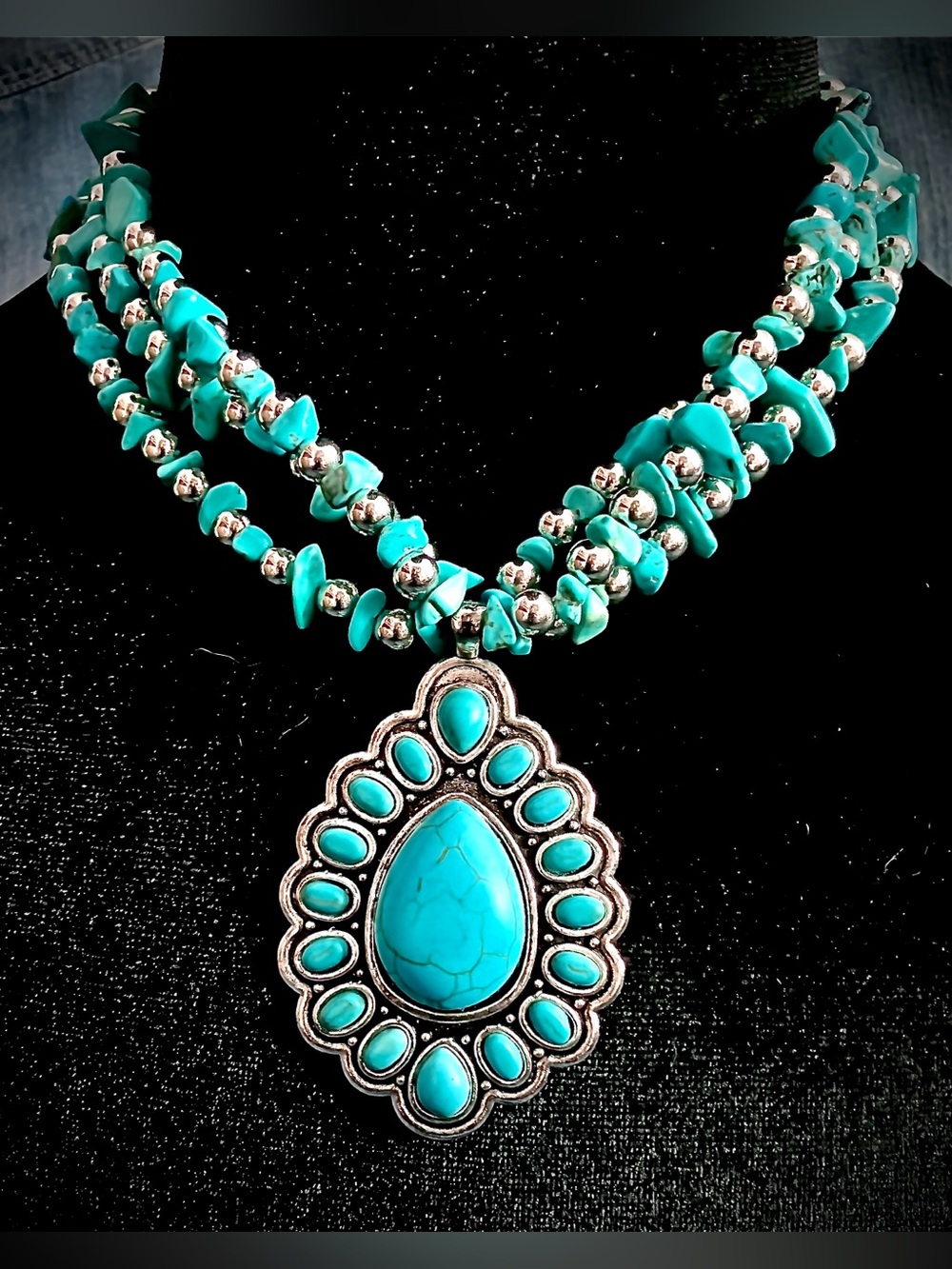 Turquoise Statement Pendant Necklace - Blue Stone Multi-Strand